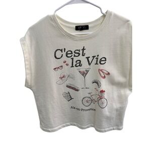 Vinyl Icons French "That's Life" Cream Cropped Top Chic Cap Sleeve Sweatshirt L